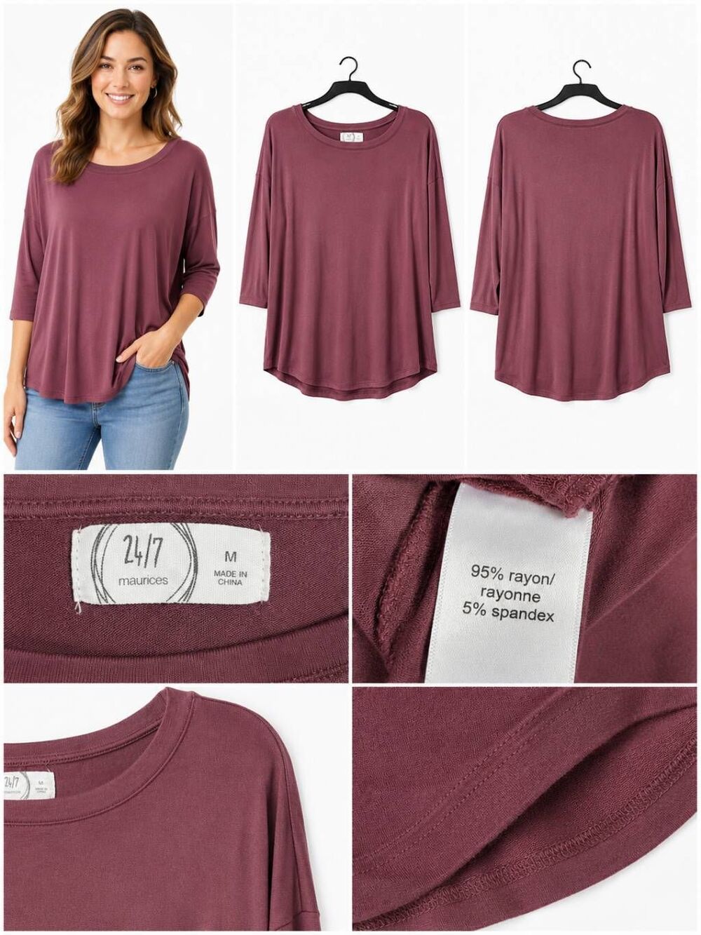Maurices 24/7 Mauve Long Sleeve Tunic Top Size M Medium Stretchy Soft Lightweigh